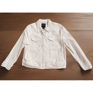 FDJ French Dressing Jeans Large White Denim Jacket Frayed Cuff Zip Front‎ EUC
